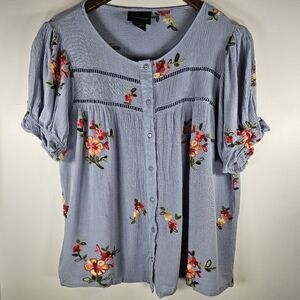 Liv Los Angeles Blue Embroidered Boho Short Sleeve Button Up Top